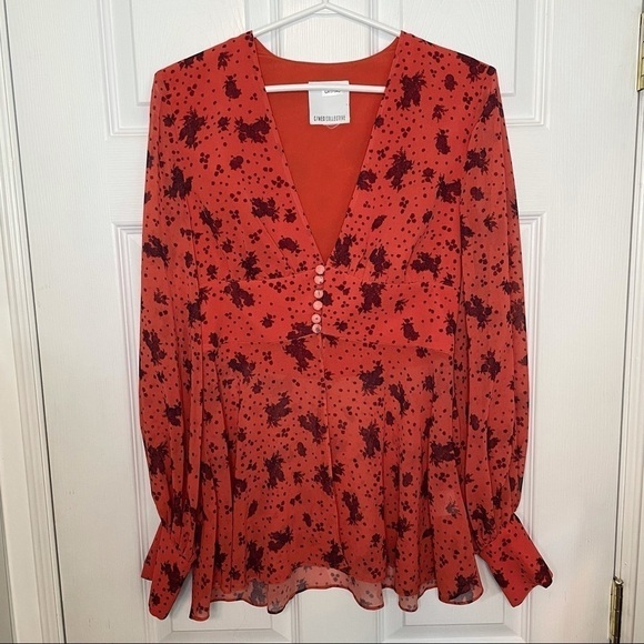 𝅺c/meo Collective Flowy Coral orange floral Long sleeve Blouse Small - Picture 1 of 8